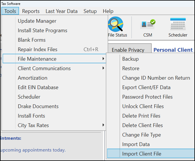Image of Import Client file under the Tools menu Image of Import Client file under the Tools menu